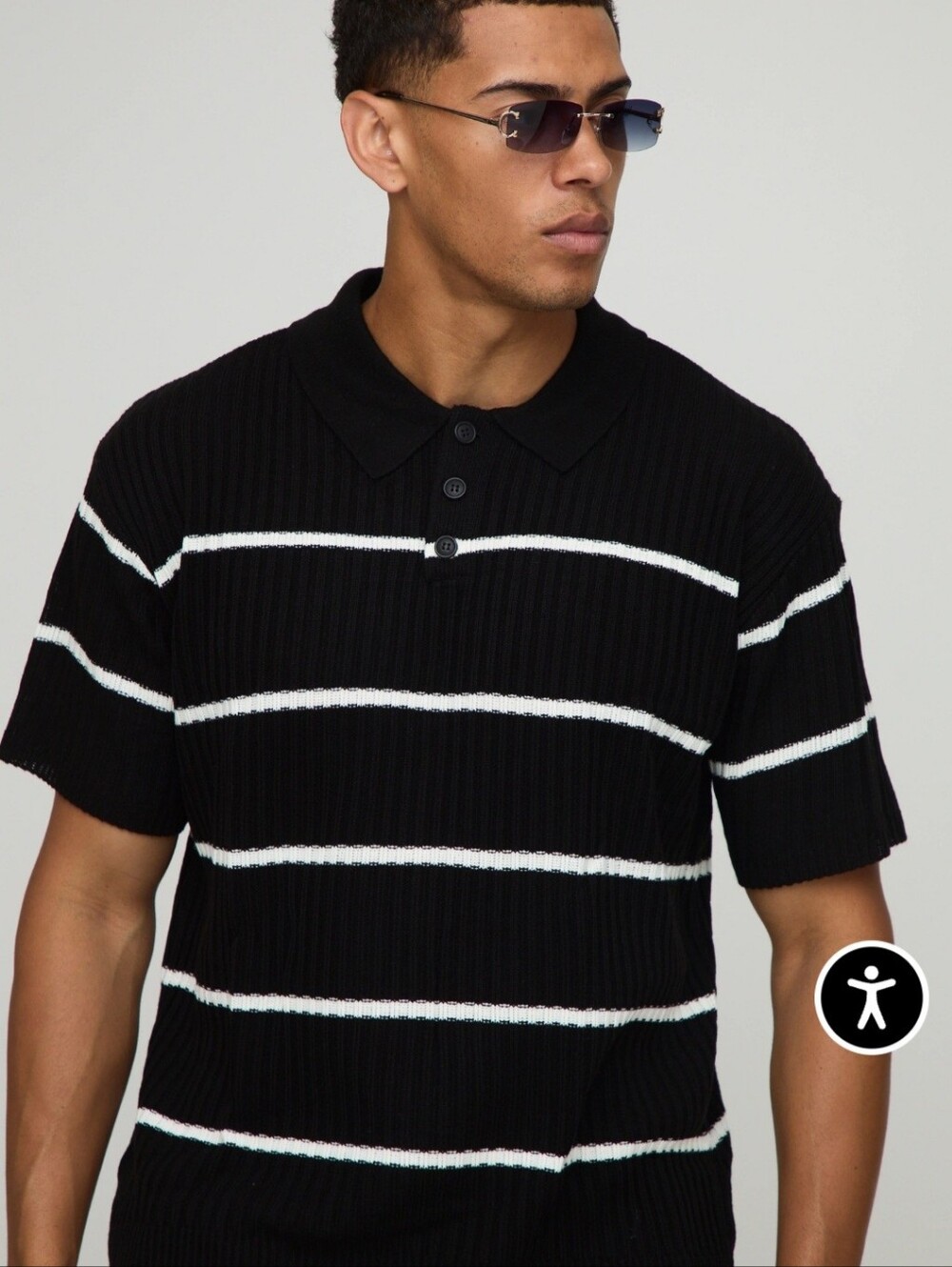 BoohooMan Knit Short-Sleeve Polo with White Horizontal Stripes 4XL